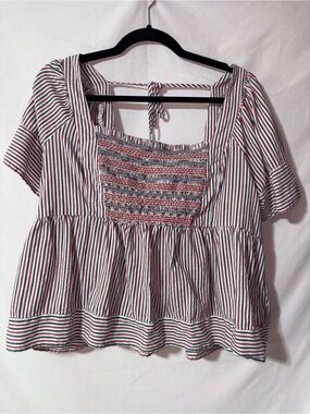 Old Navy Red, Blue & White Striped Smocked Peplum Blouse